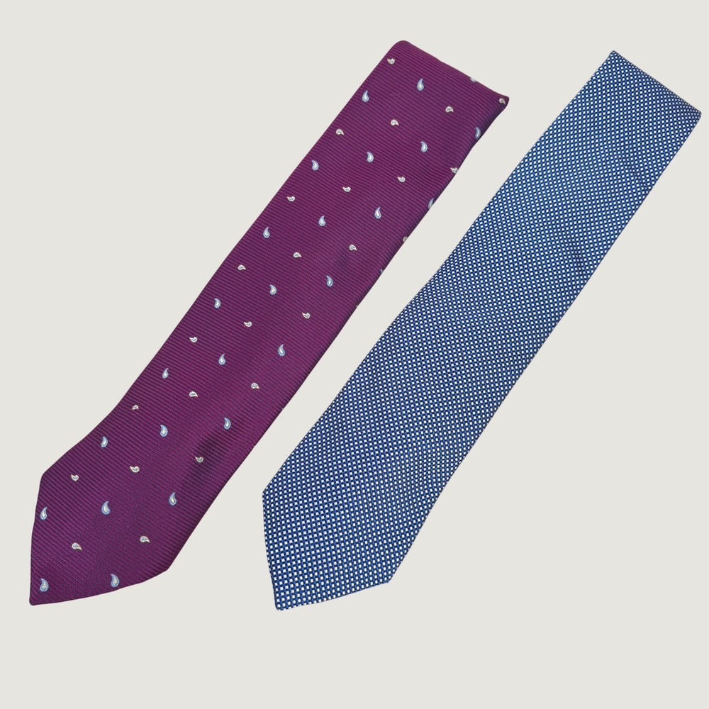 Charles Tyrwhitt Mens Silk Tie Bundle Burgundy Paisley Navy Blue Geometric 2pc